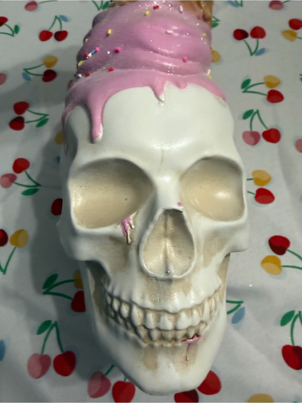 Decorative Skull Figurine with Pink Drip Accent - Home Accents